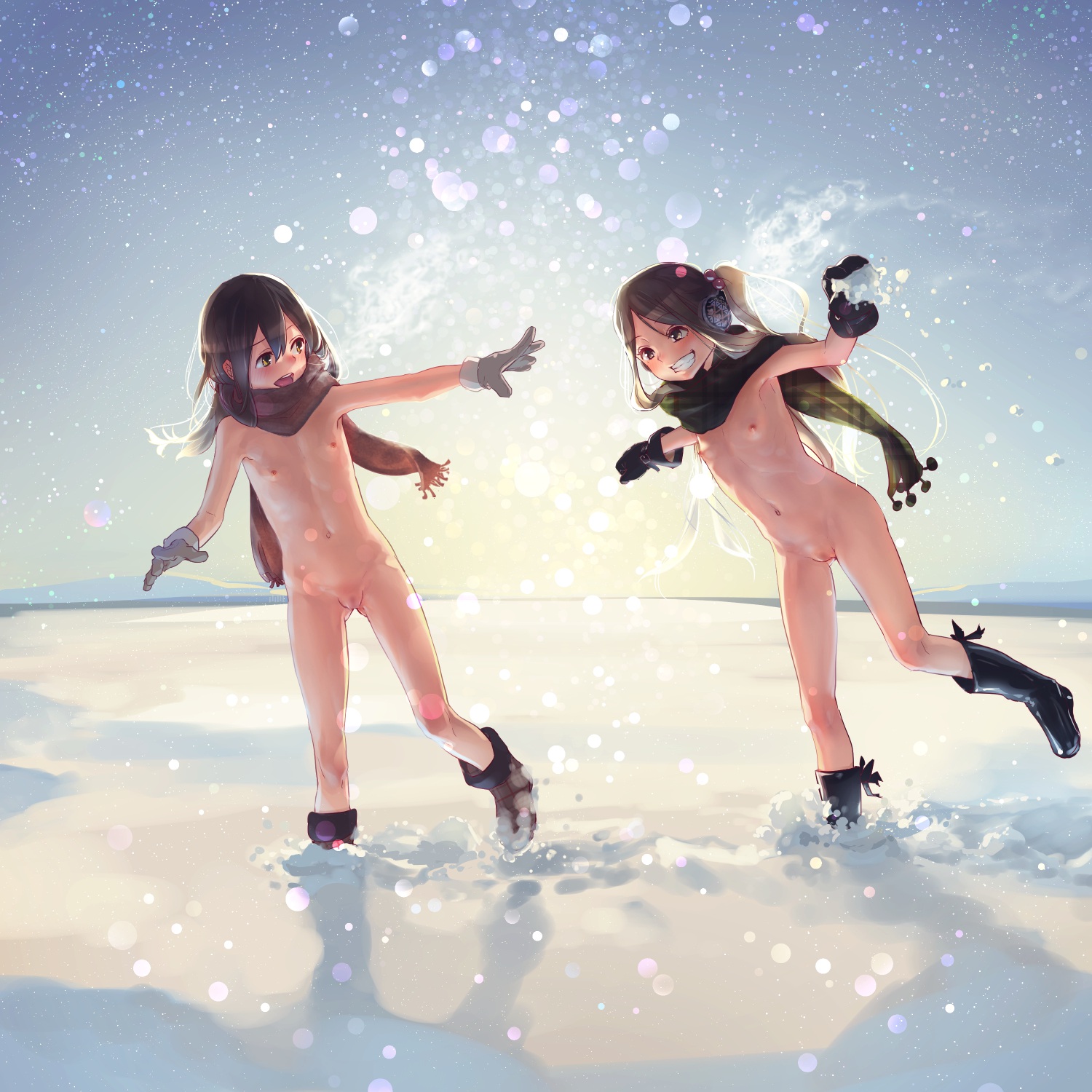 【寒中露出ロリ】二次ロリ少女が冬の雪空の中露出したりしてる寒そうで楽しそうな野外露出ロリ二次エロ画像
