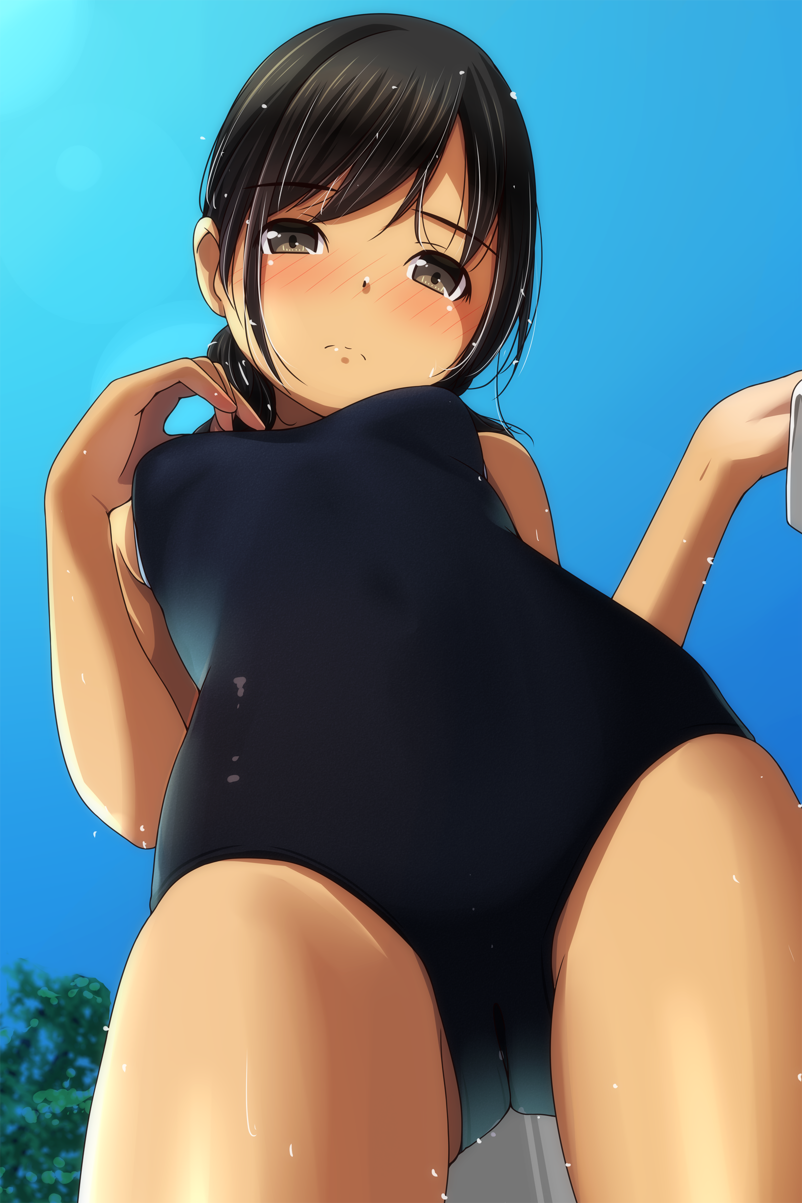 二次美少女のスク水ローアングルでプールサイドで見上げているようなシチュエーションの二次エロ画像-35