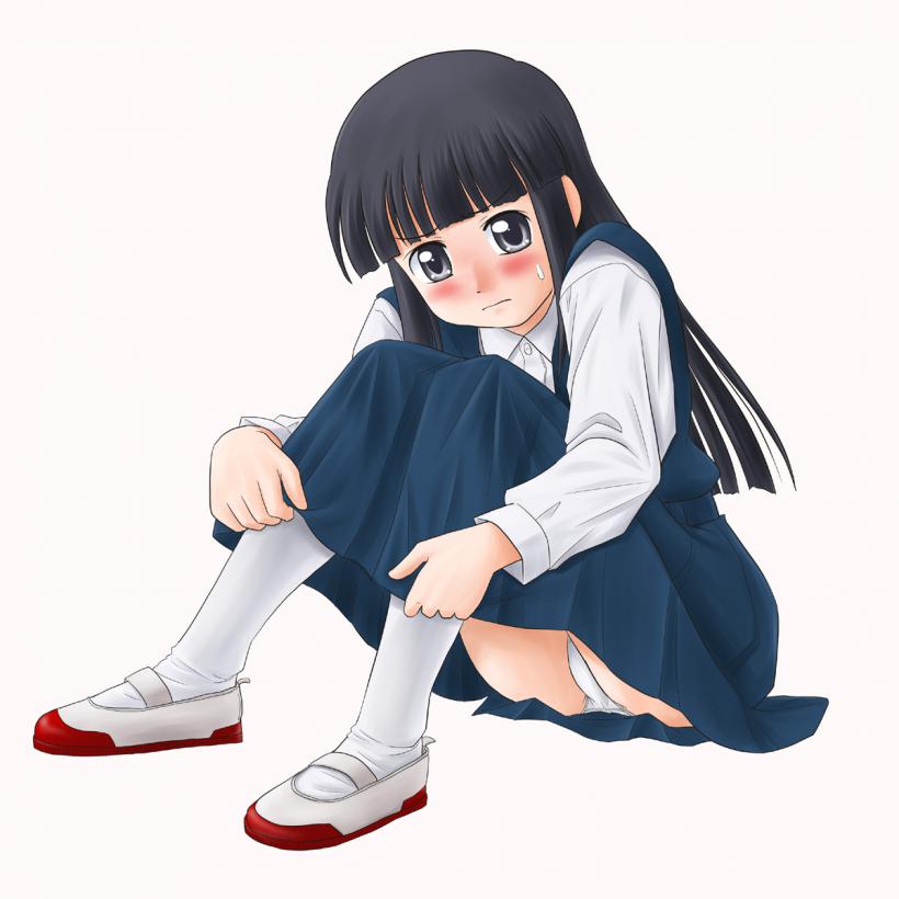 体育座りするロリ少女のトライアングル、三角地帯が見えたり見えたりするパンチラパンモロ二次エロ画像-4