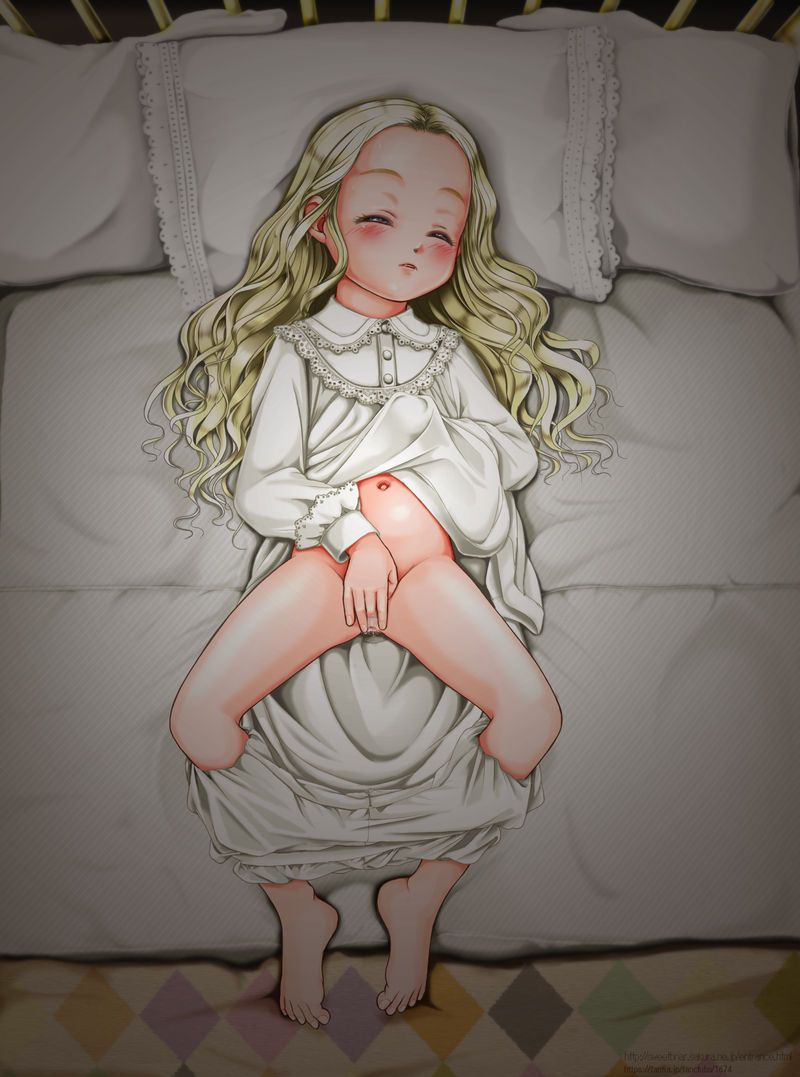 二次ロリ少女のズロース脱ぎ掛け、脱がしかけでインナーがないと筋が見えるドロワーズロリ二次エロ画像-7