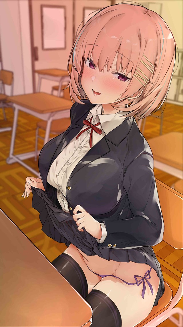 学校でこっそりスカートたくし上げてパンツを見せてくれる露出系制服美少女たくし上げ二次エロ画像-24